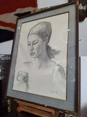 1960s Framed French Figurative Pencil Illustration
