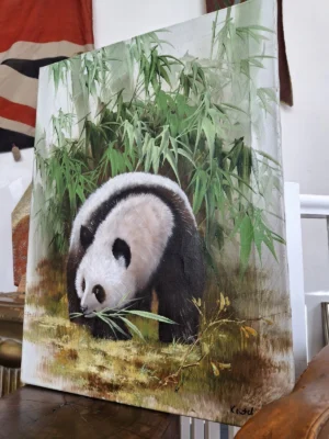 1960's Oil On Canvas Painting: Panda In Jungle Scene.