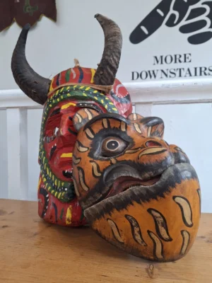Pair Of Vintage Hand Carved & Painted Balinese Barong Masks.