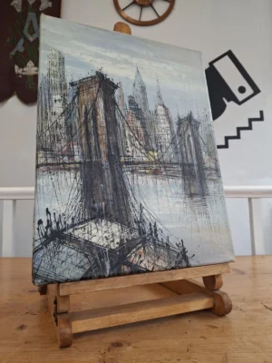 Mid 20th Century Acrylic On Canvas Painting Of Brooklyn Bridge.