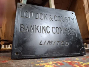 19th Century Carved Solid Slate Gilt Remnant Bank Sign.